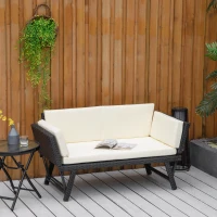 Outsunny Canapé lit de jardin extensible 3 places grand confort 4 coussins crème inclus résine tressée imitation rotin noir(m-2)
