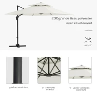 Outsunny Parasol déporté carré 3 x 3 m double toit inclinable pivotant manivelle lestage inclus métal polyester beige(m-6)