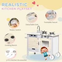 HOMCOM Kids Wooden Toy Kitchen Play Cooking Set Pretend Role Playset Game with Wheels, Sink, Cooking Bench, Drawers, for 3-5 Years(m-5)