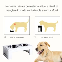 PawHut Ciotole Rialzate per Cani Taglia Piccola ed Extra Piccola, Supporto Portaciotole in MDF con 2 Ciotole in Acciaio Inox per Cibo e Acqua, Bianco(m-4)