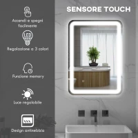 HOMCOM Specchio Bagno con Interruttore Touch, Luce LED a 3 Temperature e Antiappannamento, 70x50cm(m-4)
