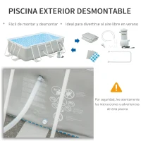 Outsunny Piscina Desmontable Tubular 340x215x80 cm Piscina Rectangular de Exterior con Depuradora de Cartucho 4.000 L/H Mangueras Longitud 100 cm y Marco de Acero 4200 L Gris(m-6)