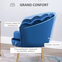 HOMCOM Fauteuil salon fauteuil en velours fauteuil coquillage avec pieds en métal doré pour chambre à coucher, bleu(m-5)