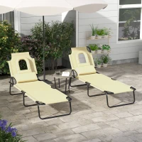 Outsunny Folding Sun Loungers Set of 2 with Face Hole, 4-Position Adjustable Backrest Garden Recliner Chairs Sunbeds, Outdoor Lounge Chairs with 600 D Oxford Cloth Seat, Pillow for Beach, Beige(m-2)