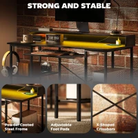 HOMCOM Computer Desk with LED Lights and Power Outlets, 120 x 55 cm Gaming Desk with Monitor Stand, Sliding Keyboard Tray and Storage Shelves for Home Office, Black(m-9)