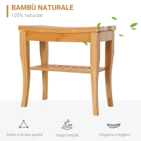 HOMCOM Sgabello da Bagno in Bambù Naturale con Ripiano Portaoggetti per Anziani e Disabili Portata 100kg 47.5x26x44.5cm(m-4)