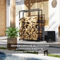 Outsunny Range-bûches porte-bûches avec 4 roues pour intérieur extérieur charge max. 150 kg 120l x 32P x 151H cm métal noir(m-6)