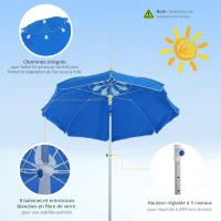 Outsunny Parasol de plage parasol inclinable octogonal Ø 180 cm tissu polyester haute densité anti-UV hauteur réglable mât aluminium sac de transport inclus bleu(m-6)