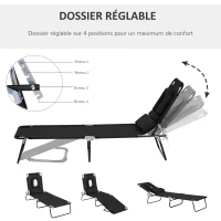 Outsunny Lot de 2 Bains de Soleil Pliable transat inclinable 4 Positions Chaise Longue de Lecture 3 Coussins fournis Noir(m-4)