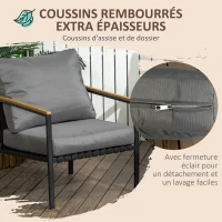 Outsunny Ensemble salon de jardin 4 pièces 4 personnes avec canapé 2 places fauteuils et table basse 8 coussins noir gris foncé(m-5)