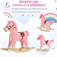 HOMCOM Cavallo a Dondolo in Legno Giocattolo con Suoni Realistici per Bambini 36-72 Mesi, Include 2 Batterie AA, Rosa(m-7)