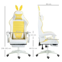 Vinsetto Reclining Racing Gaming Chair with Headrest and Lumber Support, PU Leather Computer Chair with Removable Rabbit Ears, Footrest, Yellow(m-3)