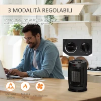 HOMCOM Stufetta Elettrica Ceramica Oscillante a 60°, Aria e Temperatura Regolabili 6-38°C, Potenza 900W/1500W, 19.5x14.8x28cm, Nero(m-4)