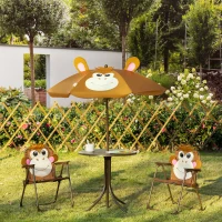 Outsunny Kids Bistro Table and Chair Set, Outdoor Folding Garden Furniture w/Monkey Design, Removable, Adjustable Sun Umbrella, Ages 3-6 Years - Brown(m-10)