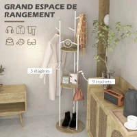 HOMCOM Porte-manteaux sur pied meuble d'entrée en acier avec 9 crochets et 2 étagères rondes Ø 40 x 167 cm naturel et blanc(m-5)