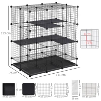 PawHut 3 Level DIY Pet Playpen Metal Small Animal Cage Rabbit Ferret Chinchillas Cage 4 Doors Bottom Trays Black(m-3)