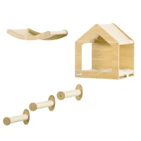 PawHut Wall Mounted Cat Shelves, with House, Hammock, Scratching Post - Oak Tone(m-11)