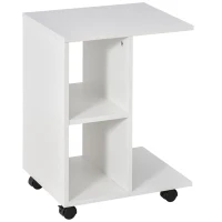 HOMCOM C-Shape End Table Unique Storage Unit w/ 2 Shelves 4 Wheels Freestanding Home Furniture Cabinet Square White(m-1)