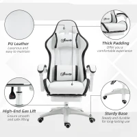 Vinsetto Computer Gaming Chair, PU Leather Office Desk Chair with Footrest, Swivel Wheels, 135° Reclining Back, Lumbar Support, Headrest for Home, White and Black(m-7)