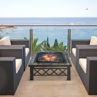 Outsunny Large Outdoor Fire Pit Table, 3 in 1 Square Wood Burning Firepit Metal Brazier, BBQ Grill, Ice Bucket w/ Grill Grate, Log Grate, Lid, Poker for Garden, Camping, Bonfire, 76 x 76 x 47cm, Black(m-10)