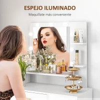 HOMCOM Tocador de Maquillaje con Taburete Espejo LED Cajones Estante Ajustable y Estantes Abiertos para Dormitorio Blanco(m-4)