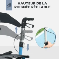 HOMCOM Déambulateur pliant avec siège et dossier 4 roues pliable poignée hauteur réglable avec sac de rangement bleu et noir(m-4)