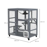 PawHut Cat House, Wooden Indoor Catio Cat Enclosure on Wheels, Wooden Kitty Cage with Platforms, Hammock, Light Grey(m-3)