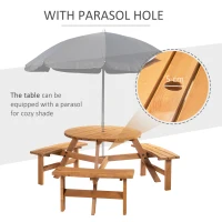 Outsunny 6 Seater Wooden Picnic Table and Garden Benches Set, Round Garden Dining Set with 3 Benches and Umbrella Hole Outdoor Garden Park, Brownish Red(m-4)