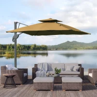 Outsunny Garden Parasol, 3(m) Cantilever Parasol with Hydraulic Mechanism, Dual Vented Top, 8 Ribs, Cross Base, Khaki(m-2)