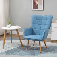 HOMCOM Sillón Individual con Respaldo Alto Reposabrazos Tela de Lino y Patas de Madera para Comedor Cocina 71x76x101cm Azul(m-2)
