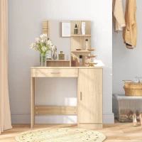 HOMCOM Tavolo per Trucco in Truciolato con Mobiletto, Cassetto, Ripiani Aperti e Specchio, 90x38x138 cm(m-7)
