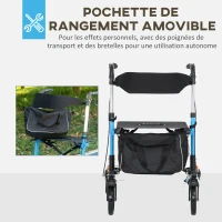 HOMCOM Déambulateur pliant avec siège et dossier 4 roues pliable réglable avec sac de rangement freins à main bleu et noir(m-6)