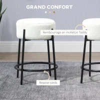 HOMCOM Lot de 2 tabourets de bar avec repose-pieds acier et revêtement effet laine bouclée hauteur 62 cm blanc et noir(m-5)