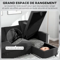 HOMCOM Canapé d'angle convertible modulable avec méridienne réversible, coffre de rangement et 3 coussins de dossier, noir(m-5)