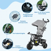 HOMCOM Triciclo per Bambini con Maniglione 6 in 1, Tettuccio Regolabile e Cintura di Sicurezza, Età 1-5 Anni, Grigio(m-6)