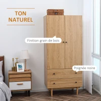 HOMCOM Armoire à vêtements armoire de rangement penderie avec 2 portes, 2 tiroirs et tringle - 80 x 52 x 180 cm - aspect bois(m-4)