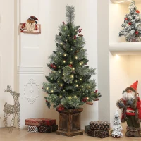 HOMCOM 1.2m/4ft Artificial Christmas Tree with 100 Warm White LED Lights and 8 Modes, Small Xmas Tree with Red Berries, Pine Cones and Retro Base, Green(m-10)