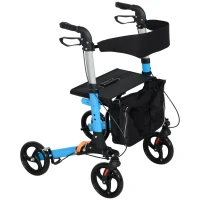 HOMCOM Déambulateur pliant avec siège et dossier 4 roues pliable réglable avec sac de rangement freins à main bleu et noir(m-10)