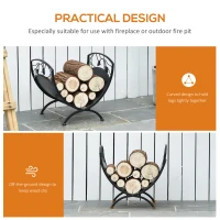 Outsunny Metal Arced Firewood Log Holder Indoor Outdoor Folding Firewood Rack Fireplace Wood Storage Shelf w/ Leaf Pattern Design, Black, 43.5W x 36.5D x 41H cm(m-6)
