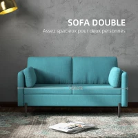HOMCOM Canapé 2 places style contemporain 2 pochettes sur les accoudoirs pieds en acier revêtement tissu aspect lin bleu(m-4)