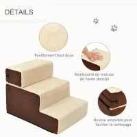 PawHut Escalier pour chien animaux rampe pour canapé 2/3 marches déhoussable dim. 54L x 40l x 39H cm mousse haute densité tissu peluche courte chocolat crème(m-5)