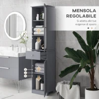 kleankin Mobile Colonna Bagno Salvaspazio con Armadietto, Cassetto e Ripiani in MDF, 40x27x171.5cm, Grigio(m-6)