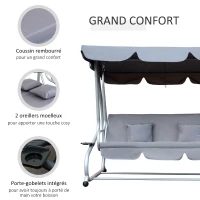 Outsunny Balancelle de Jardin 3 Places Convertible Toit Inclinaison réglable 2 tablettes Support 2L x 1,2l x 1,64H m métal époxy Noir Polyester gris clair(m-6)
