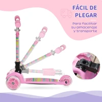 HOMCOM Patinete para Niños de +3 Años Plegable Patinete 3 Ruedas con Luces LED Manillar Altura Ajustable y Freno Posterior Carga Máxima 50 kg 54,7x32,5x59-69 cm Rosa(m-5)