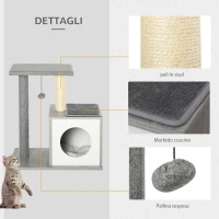 PawHut Albero Tiragraffi Multilivello per Gatti e Gattini con Cuccia e Colonna in Corda Sisal, Grigio, 59 x 39 x 62cm(m-6)