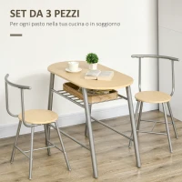 HOMCOM Set da Pranzo Salvaspazio da 3 Pezzi con Tavolo da Pranzo Ovale con Ripiano e 2 Sedie in MDF e Acciaio(m-4)