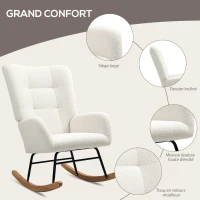HOMCOM Fauteuil à bascule en tissu effet laine bouclée avec pieds en bois massif d'hévéa pour chambre, salon, crème(m-5)