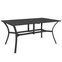 Outsunny Rectangle Garden Dining Table with Parasol Hole, Patio Table with Steel Frame and Slat Tabletop, 150cm x 90cm, Black(m-1)