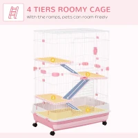 PawHut Four-Tier Small Animal Cage, for Bunnies, Ferrets, Chinchillas w/ Wheels, Tray - Pink(m-4)