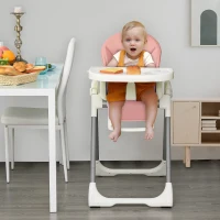 HOMCOM Trona para Bebé Evolutiva Ajustable y Plegable con Doble Bandeja Trona Portátil de +6 Meses Reclinable con 2 Ruedas y Frenos 55x80x104 cm Rosa(m-2)